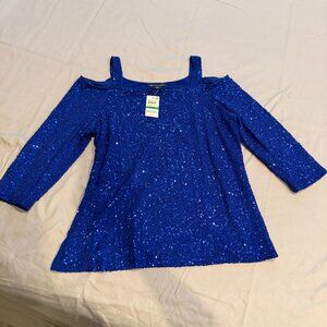 INC International Concepts Blue Sequin Cold Shoulder Top Size L Party Holiday